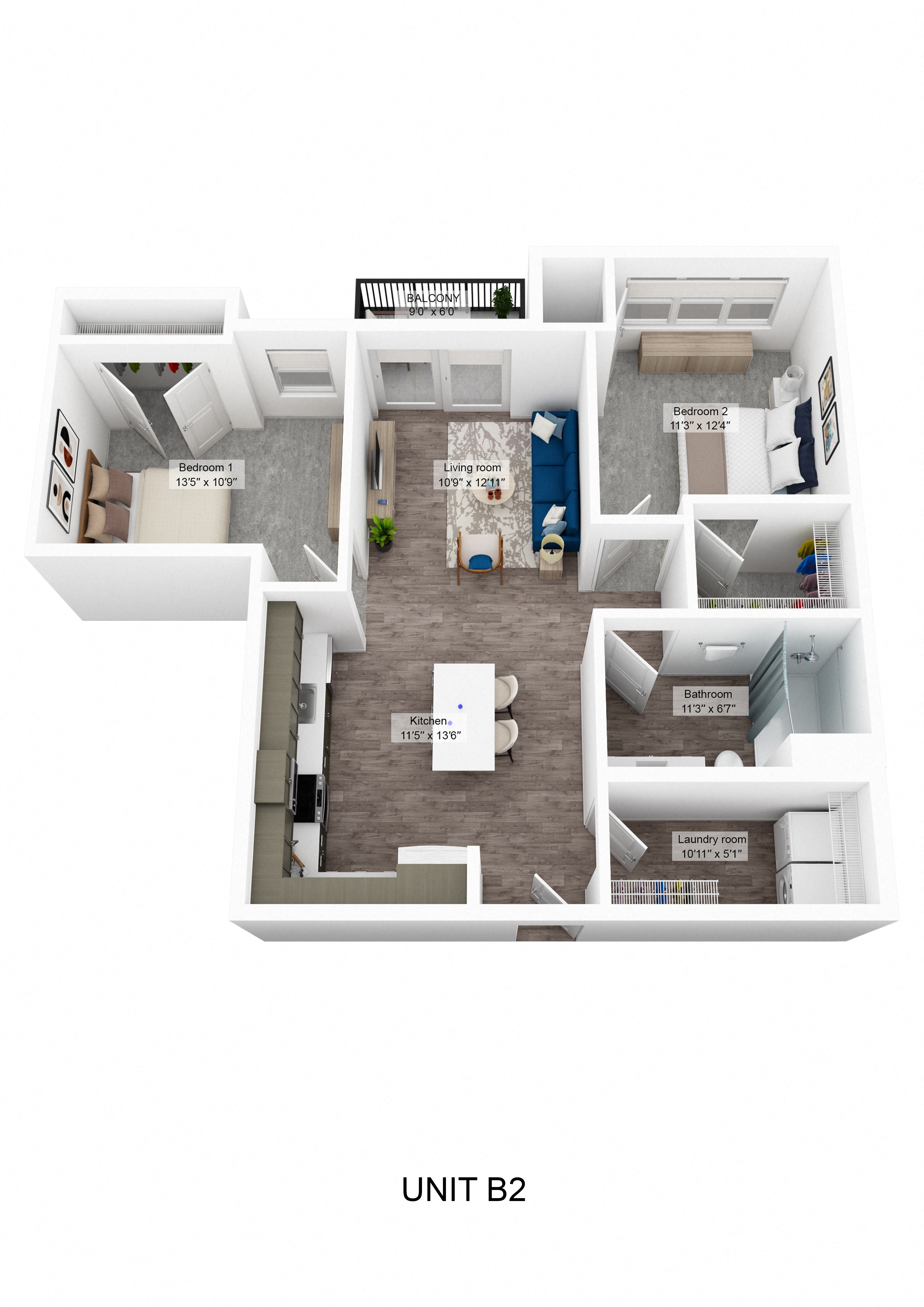 Floor plan for 2 beds, 1 bath, 937 sqft